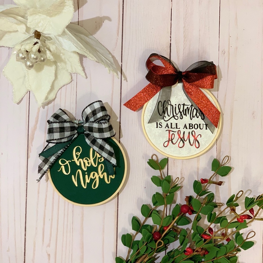 Handcrafted embroidery hoop ornament